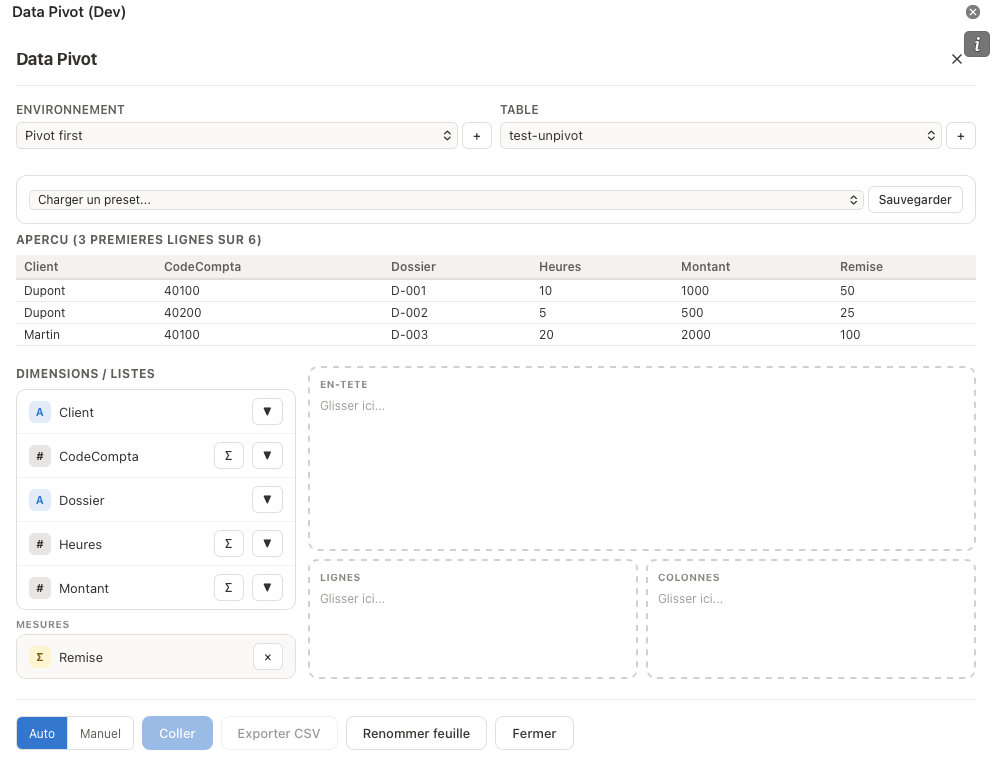 Capture d'ecran de l'interface Data Pivot